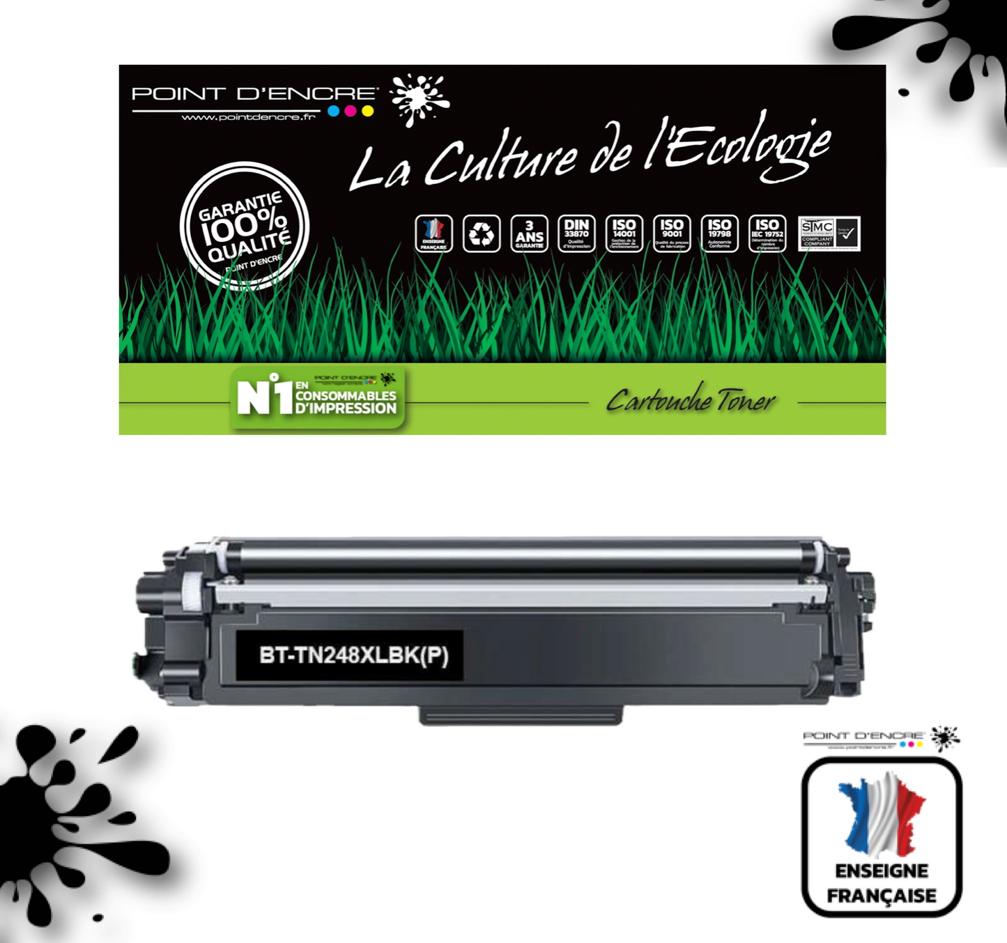 TN248XL - NOIR - Grande capacité Marque Francaise POINT D'ENCRE pour Imprimantes compatibles Brother (clbr)