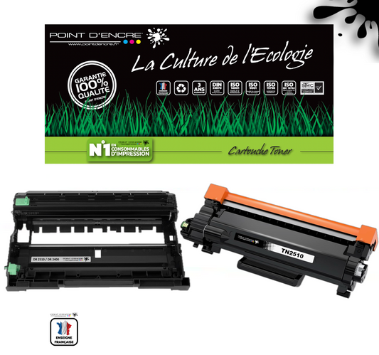 TN2510XL / DR2510 - NOIR / TAMBOUR - Grande capacité Marque Francaise POINT D'ENCRE pour Imprimantes compatibles Brother (clbr)