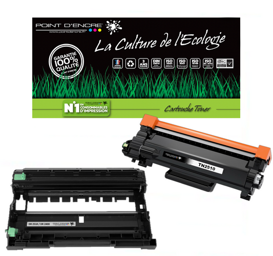 TN2510XL / DR2510 - NOIR / TAMBOUR - Grande capacité Marque Francaise POINT D'ENCRE pour Imprimantes compatibles Brother (clbr)