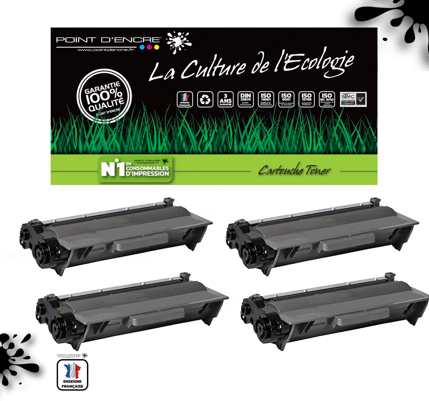 4 X TN3430 / TN3480 - NOIR - Grande capacité Marque Francaise POINT D'ENCRE pour Imprimantes compatibles Brother (clbr)