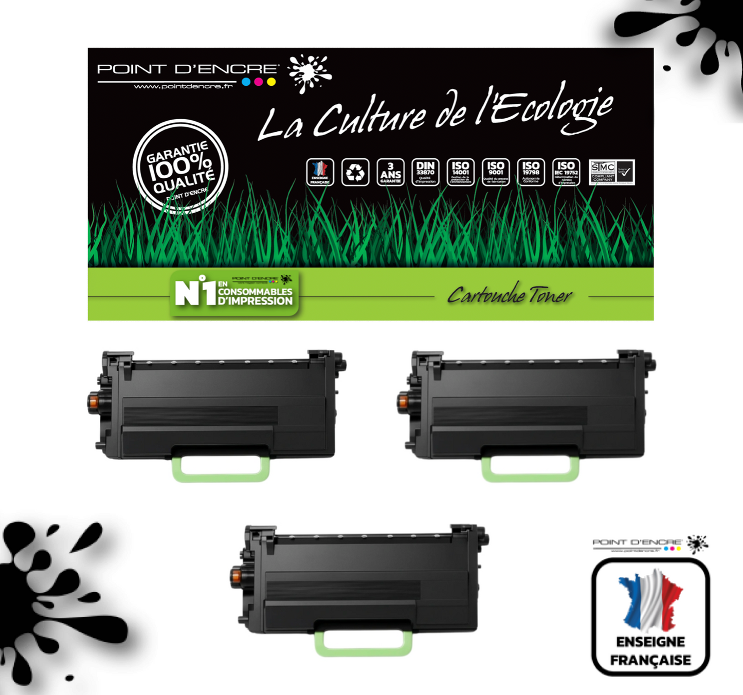 TN3610XXL Cartouche d'encre Toner - 3 X Noir - Grande capacité Marque Francaise POINT D'ENCRE pour Imprimantes compatibles Brother (clp)