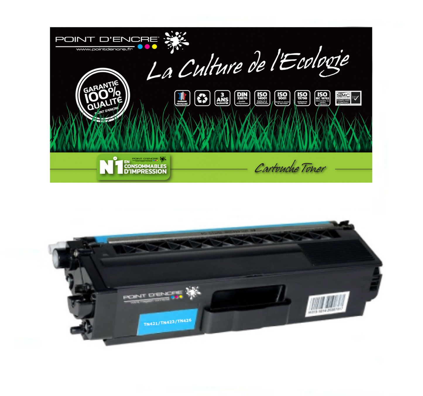 TN421 / TN423 / TN426 -  CYAN - Grande capacité Marque Francaise POINT D'ENCRE pour Imprimantes compatibles Brother (clbr)