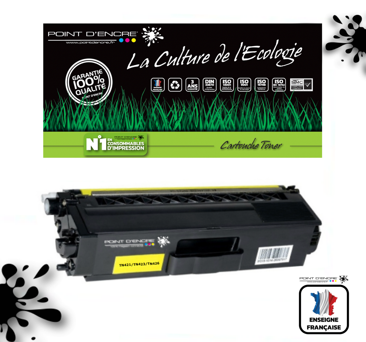 TN421 / TN423 / TN426 -  JAUNE - Grande capacité Marque Francaise POINT D'ENCRE pour Imprimantes compatibles Brother (clbr)