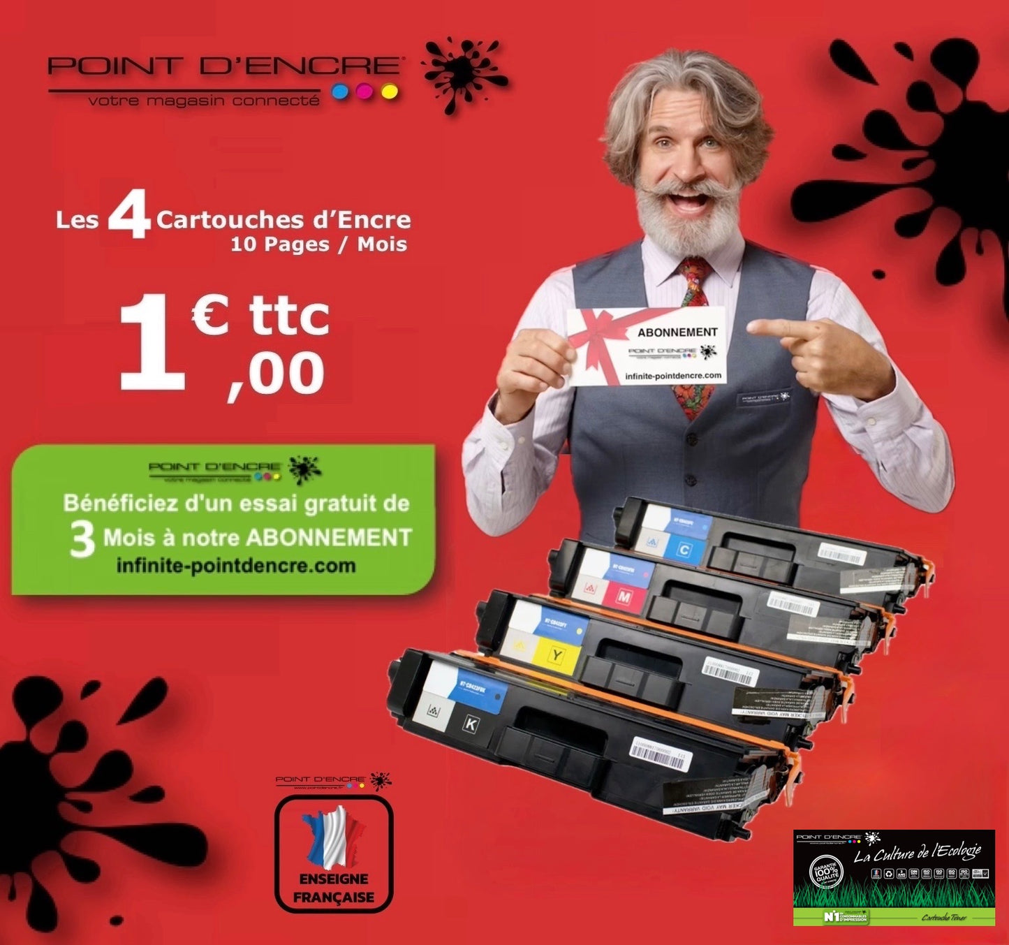 TN421 / TN423 / TN426 -  ABONNEMENT - 4 Cartouches BK/C/M/Y/ - Grande capacité Marque Francaise POINT D'ENCRE pour Imprimantes compatibles Brother (clbr)