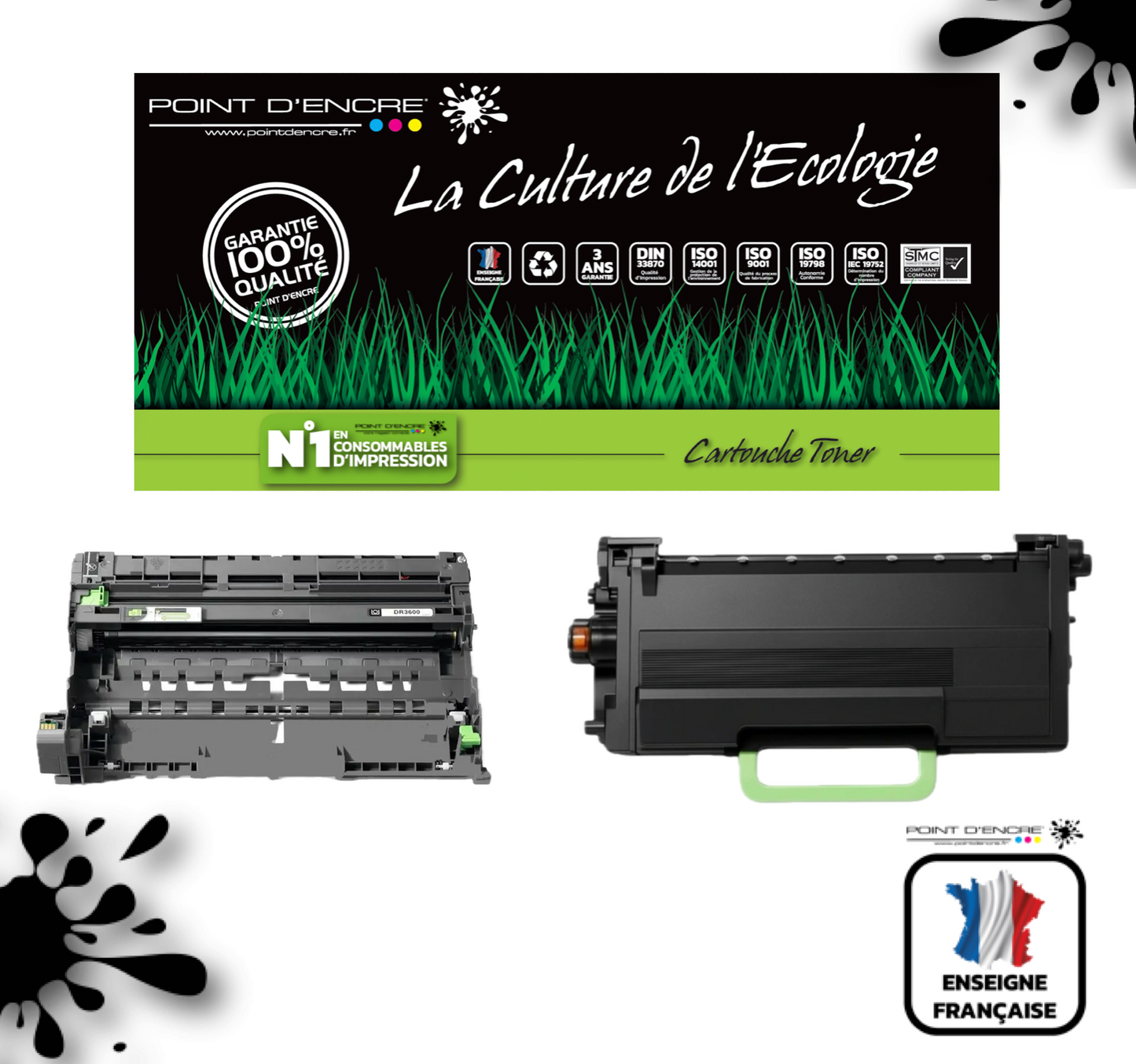 TN3600XXL / DR3600 - NOIR / TAMBOUR - Grande capacité Marque Francaise POINT D'ENCRE pour Imprimantes compatibles Brother (clbr)