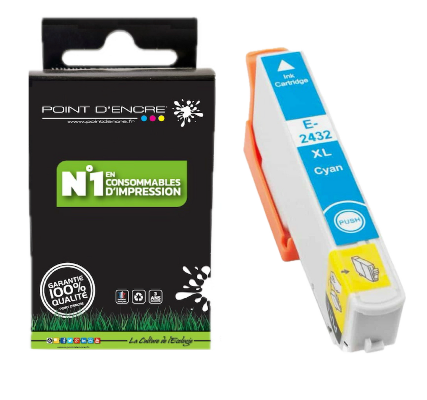 24XL - Eléphant - CYAN - Grande capacité de Marque Francaise POINT D'ENCRE Pour imprimante compatible EPSON (cee)