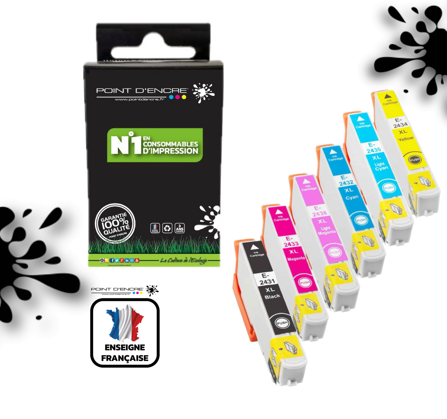 24XL - Eléphant - ABONNEMENT - NOIR / CYAN / CYAN PHOTO / MAGENTA / MAGENTA PHOTO / JAUNE - Grande capacité de Marque Francaise POINT D'ENCRE Pour imprimante compatible EPSON (cee)