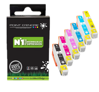 24XL - Eléphant - ABONNEMENT - NOIR / CYAN / CYAN PHOTO / MAGENTA / MAGENTA PHOTO / JAUNE - Grande capacité de Marque Francaise POINT D'ENCRE Pour imprimante compatible EPSON (cee)
