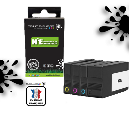 953XL - ABONNEMENT - Pack de 4 Cartouches D'encre Noir/Cyan/Magenta/ Jaune - Grande capacité de Marque Française POINT D'ENCRE Pour imprimante compatible HP (cehp)