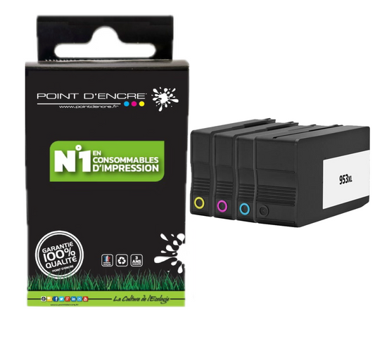 953XL - Pack de 4 Cartouches D'encre Noir/Cyan/Magenta/ Jaune - Grande capacité de Marque Française POINT D'ENCRE Pour imprimante compatible HP (cehp)